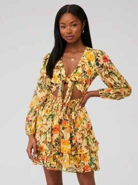Rays For Days Laurel Tie-Front Yellow Floral Mini Dress - Size Medium